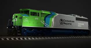 CP last fall released a rendering of its hydrogen fuel cell-powered linehaul locomotive prototype, H20EL.