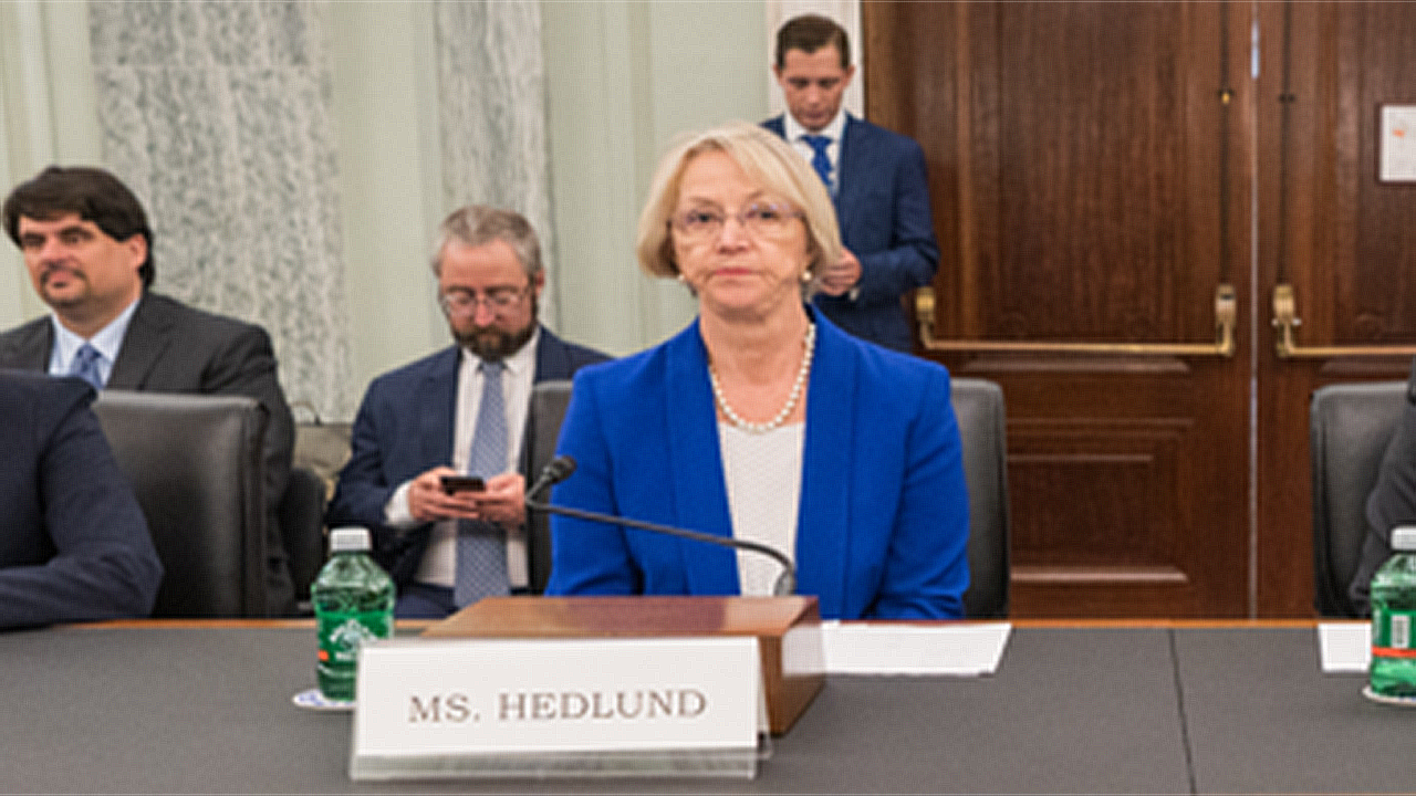 Karen Hedlund at a June 24 preliminary Senate Committee on Commerce, Science, and Transportation hearing on her nomination to the STB, along with three other Biden nominees to other government posts.
