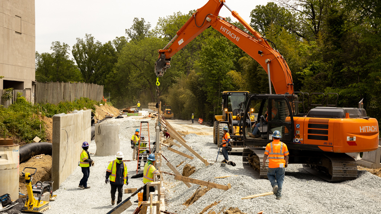 A design-build contractor team has been selected for the long-delayed Purple Line light rail project in Maryland. Construction is set to begin this spring, with service commencing in fall 2026. (Pictured: Purple Line construction work in Bethesda.)