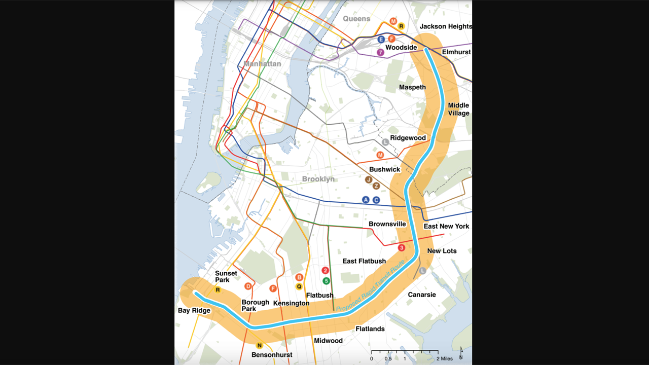 A proposed 14-mile “Interborough Express” transit service could use the existing Bay Ridge Branch freight line—owned by MTA Long Island Rail Road and operated by New York & Atlantic—and CSX’s Fremont Secondary line to link communities in Brooklyn and Queens that are not currently served by rail.