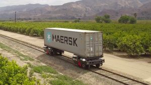 Pictured: Parallel’s prototype railcar loaded with a shipping container. (Photo courtesy of Parallel Systems)