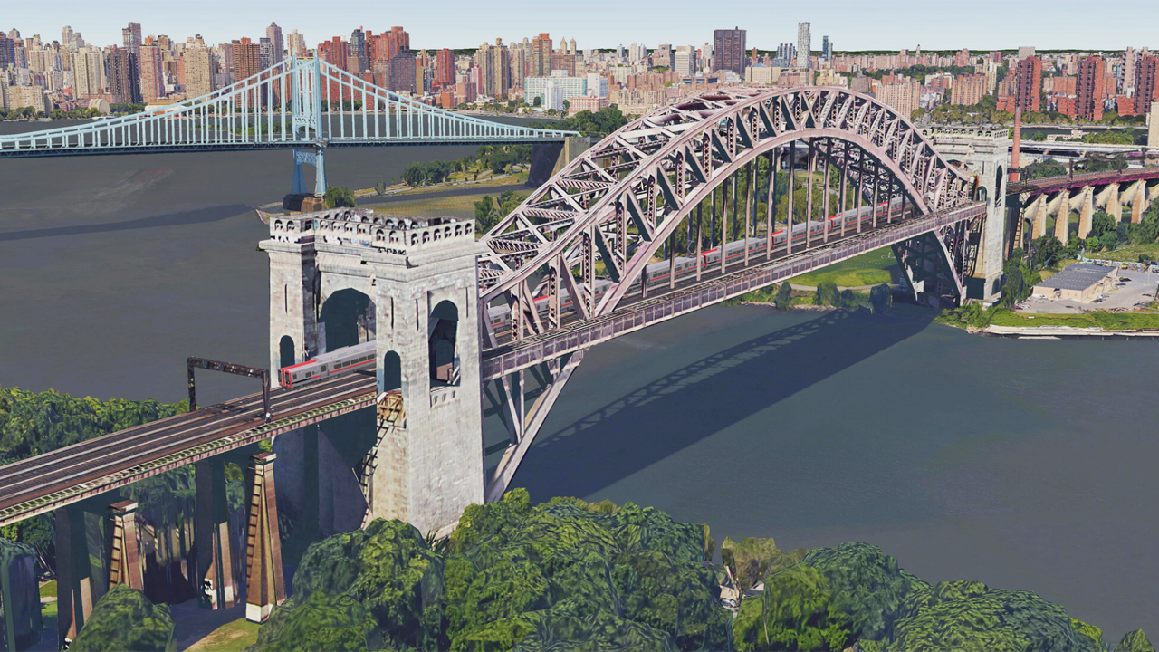 Artist’s rendering of a MTA Metro-North commuter train crossing Amtrak’s Hell Gate Bridge.