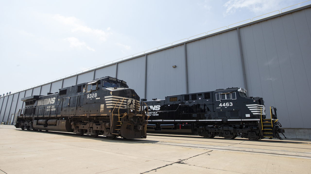 A before and after look at Norfolk Southern locomotives at Wabtec’s Locomotive plant on Aug. 6, 2021 in Fort Worth, Tex. Wabtec celebrated its 1,000th locomotive modernization in North and South America. (Brandon Wade/AP Images for Wabtec)