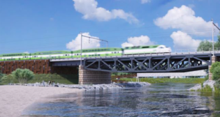 An electric powered GO train moves across a bridge, in this artist rendering. (Metrolinx image)