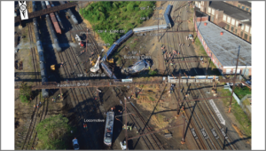 Amtrak Northeast Regional Train 188 derailed at Frankford Junction in Philadelphia on the Northeast Corridor, shortly after 9:00 p.m. on Tuesday, May 12, 2015. (Accident scene image courtesy of NTSB)