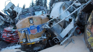 Mid-train distributed power remote locomotive, UP 5359, following the 2019 derailment of CP’s freight train 301-349 on the Laggan Subdivision, near Field, British Columbia. Source: TSB Report R19C0015.