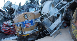 Mid-train distributed power remote locomotive, UP 5359, following the 2019 derailment of CP’s freight train 301-349 on the Laggan Subdivision, near Field, British Columbia. Source: TSB Report R19C0015.