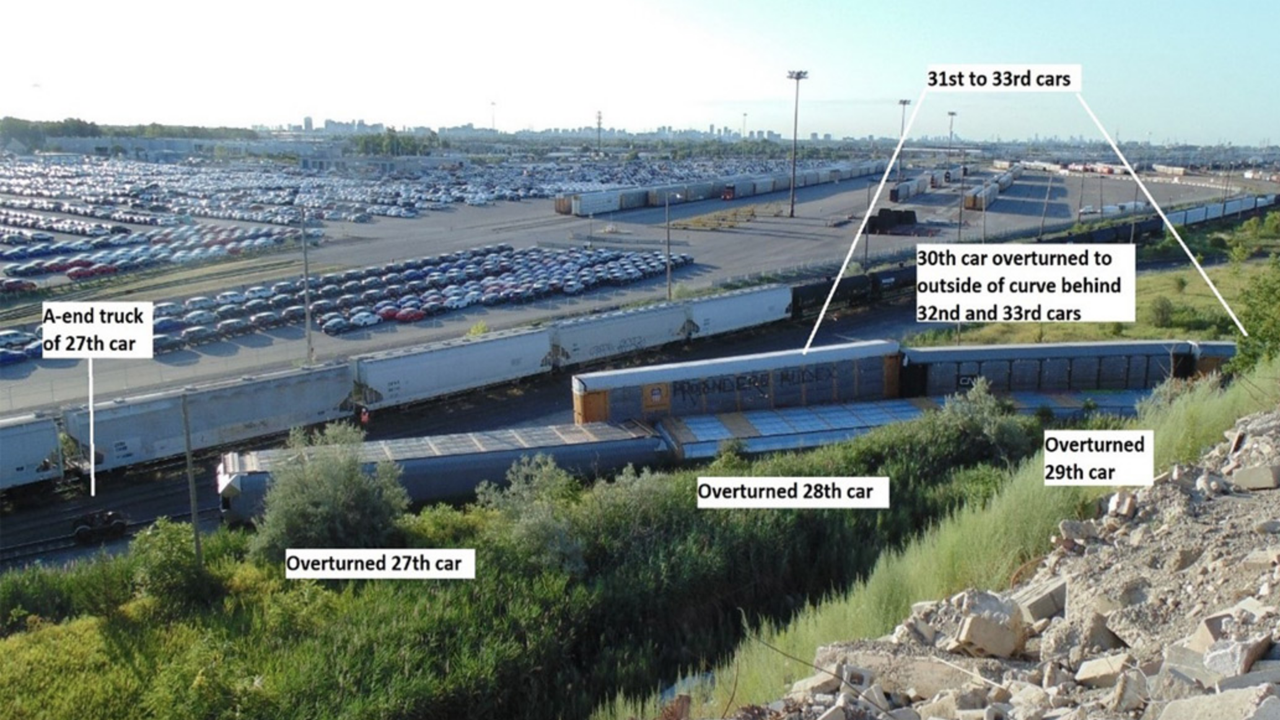 Pictured: The Aug. 15, 2019, derailment site at CN’s MacMillan Yard in Vaughan, Ontario. (Source: TSB)