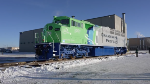 Canadian Pacific's hydrogen fuel cell-powered linehaul freight locomotive (H20EL; pictured) began running under its own power earlier this year.