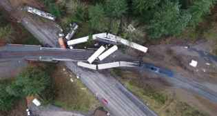 An aerial view of the Dec. 18, 2017 derailment. (Photo courtesy of Washington State Patrol.)