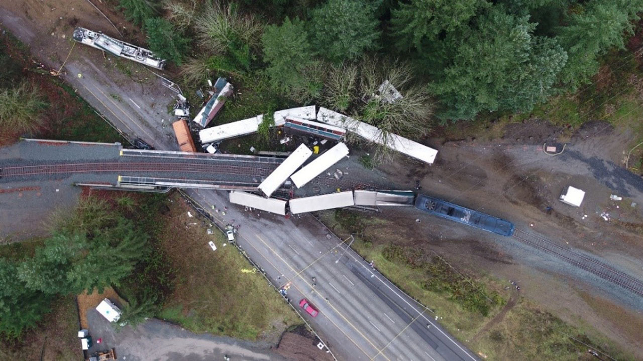 An aerial view of the Dec. 18, 2017 derailment. (Photo courtesy of Washington State Patrol.)