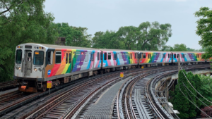 As transgender issues and rights have moved to the forefront over the last few years, CTA has added the Transgender Flag—featuring blue, pink and white—to its train wrap celebrating “Pride Month” (June). (Photograph Courtesy of CTA)