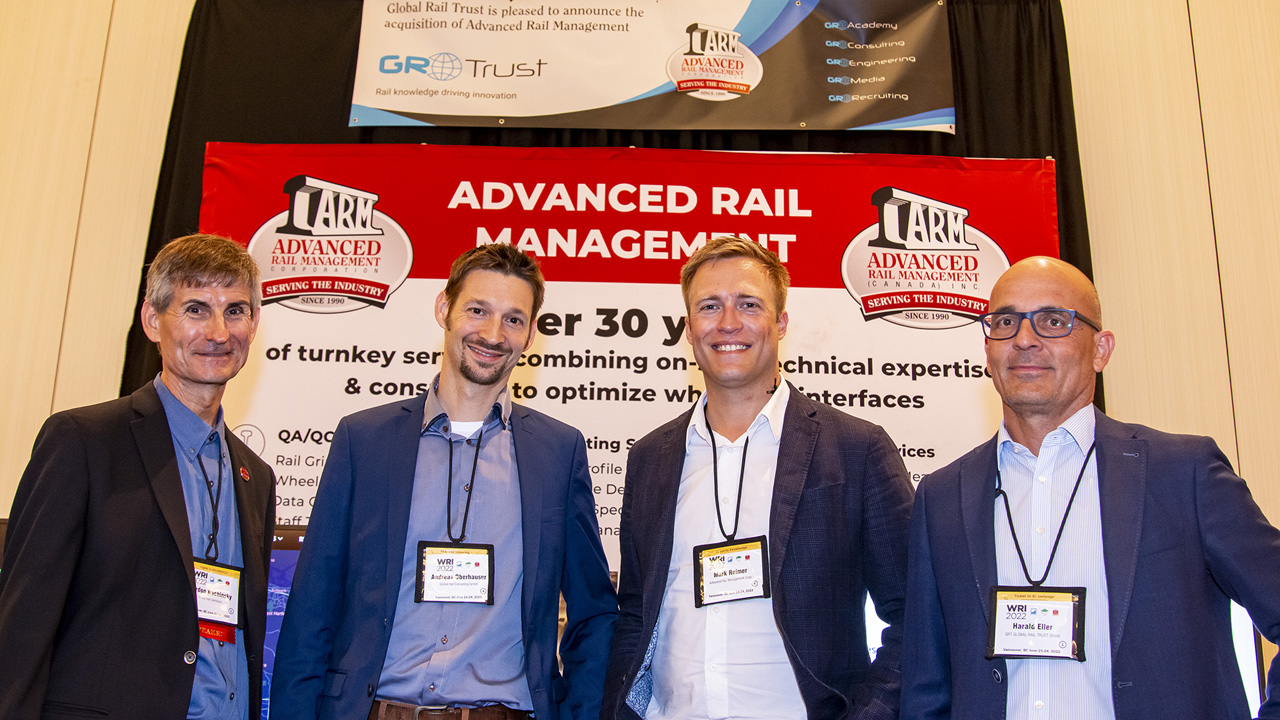 GRT announced its acquisition of ARM at Wheel/Rail Interaction Conference 2022 in Vancouver. Pictured (left to right): Gordon Bachinsky, President, ARM; Andreas Oberhauser, GRT; Mark Reimer, ARM; Harald Eller, CEO, GRT. (Photograph Courtesy of GRT/ARM)