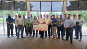 A $5,000 donation was made recently to the Sand Springs, Okla., fire department in honor of five shippers that received the 2021 OmniTRAX Safe Shipper Award from the Sand Springs Railway Company. (Photograph Courtesy of OmniTRAX)