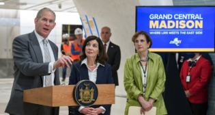 New York Governor Kathy Hochul (center) is joined by MTA Chair and CEO Janno Lieber and Metro-North President/LIRR interim President Catherine Rinaldi at Grand Central Terminal on May 31, 2022 to announce the branding of “Grand Central Madison.” The major capital construction project, previously known as “East Side Access,” brings LIRR service to Grand Central with a new concourse extending west toward Madison Avenue. (Photograph and Caption Courtesy of Kevin P. Coughlin / Office of Governor Kathy Hochul.)