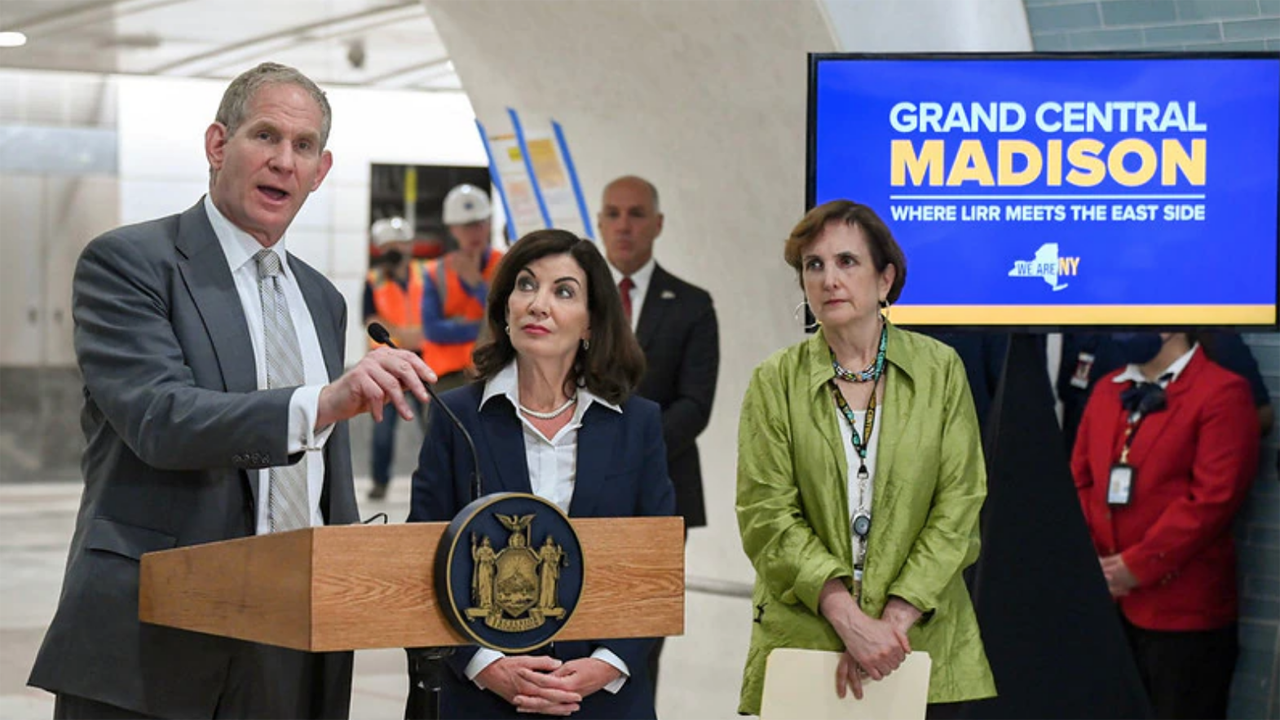 New York Governor Kathy Hochul (center) is joined by MTA Chair and CEO Janno Lieber and Metro-North President/LIRR interim President Catherine Rinaldi at Grand Central Terminal on May 31, 2022 to announce the branding of “Grand Central Madison.” The major capital construction project, previously known as “East Side Access,” brings LIRR service to Grand Central with a new concourse extending west toward Madison Avenue. (Photograph and Caption Courtesy of Kevin P. Coughlin / Office of Governor Kathy Hochul.)