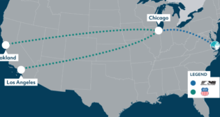 Hapag-Lloyd now serves the Port of Virginia, the only U.S. East Coast stop for the ocean carrier. Cargo is unloaded at Norfolk International Terminal—the largest of six Port of Virginia terminals—and hauled to Chicago by NS and on to California by UP. (Map Courtesy of Port of Virginia)