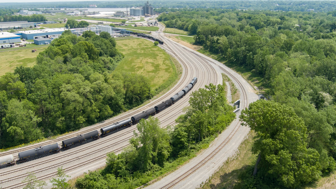 The Ports of Indiana-Jeffersonville has added four miles of track to accommodate unit train delivery to and from the port, along with two new rail loops connected to the waterfront intermodal facility. (Photo Courtesy of Ports of Indiana-Jeffersonville)