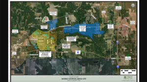 The Middle Georgia Megasite—adjacent to Georgia Highway 96 in Peach County—will be served by Norfolk Southern, which can access the Port of Savannah and Port of Brunswick in less than five hours. (Map Courtesy of Development Authority of Peach County, Ga.)