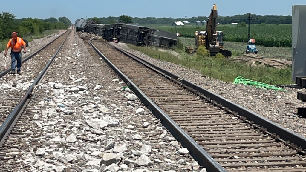 On June 29, the Missouri State Highway Patrol Troop B posted on Twitter the photo above, which it reported was taken June 28 of the Amtrak derailment site in Mendon, Mo., where BNSF and NTSB employees, and numerous others were helping with cleanup work. (Photograph Courtesy of Missouri State Highway Patrol Troop B)