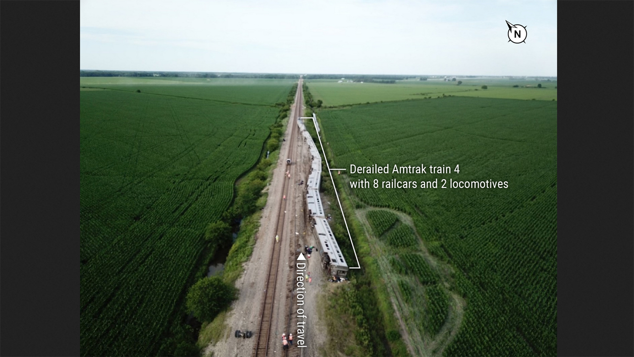 Amtrak train 4 derailed. (Source: BNSF) (Caption and Photograph Courtesy of NTSB).