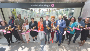 LACMTA officials on July 23 were joined by L.A. Mayor and LACMTA Board Member Eric Garcetti; LACMTA First Chair Jacquelyn Dupont-Walker; Assemblymember Isaac Bryan; and Crenshaw community leaders, supporters and residents to celebrate the memory of civil rights activist Martin Luther King Jr. at the dedication of the Martin Luther King K Line Station in South Los Angeles. (Photograph Courtesy of LACMTA)