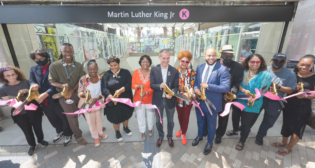 LACMTA officials on July 23 were joined by L.A. Mayor and LACMTA Board Member Eric Garcetti; LACMTA First Chair Jacquelyn Dupont-Walker; Assemblymember Isaac Bryan; and Crenshaw community leaders, supporters and residents to celebrate the memory of civil rights activist Martin Luther King Jr. at the dedication of the Martin Luther King K Line Station in South Los Angeles. (Photograph Courtesy of LACMTA)