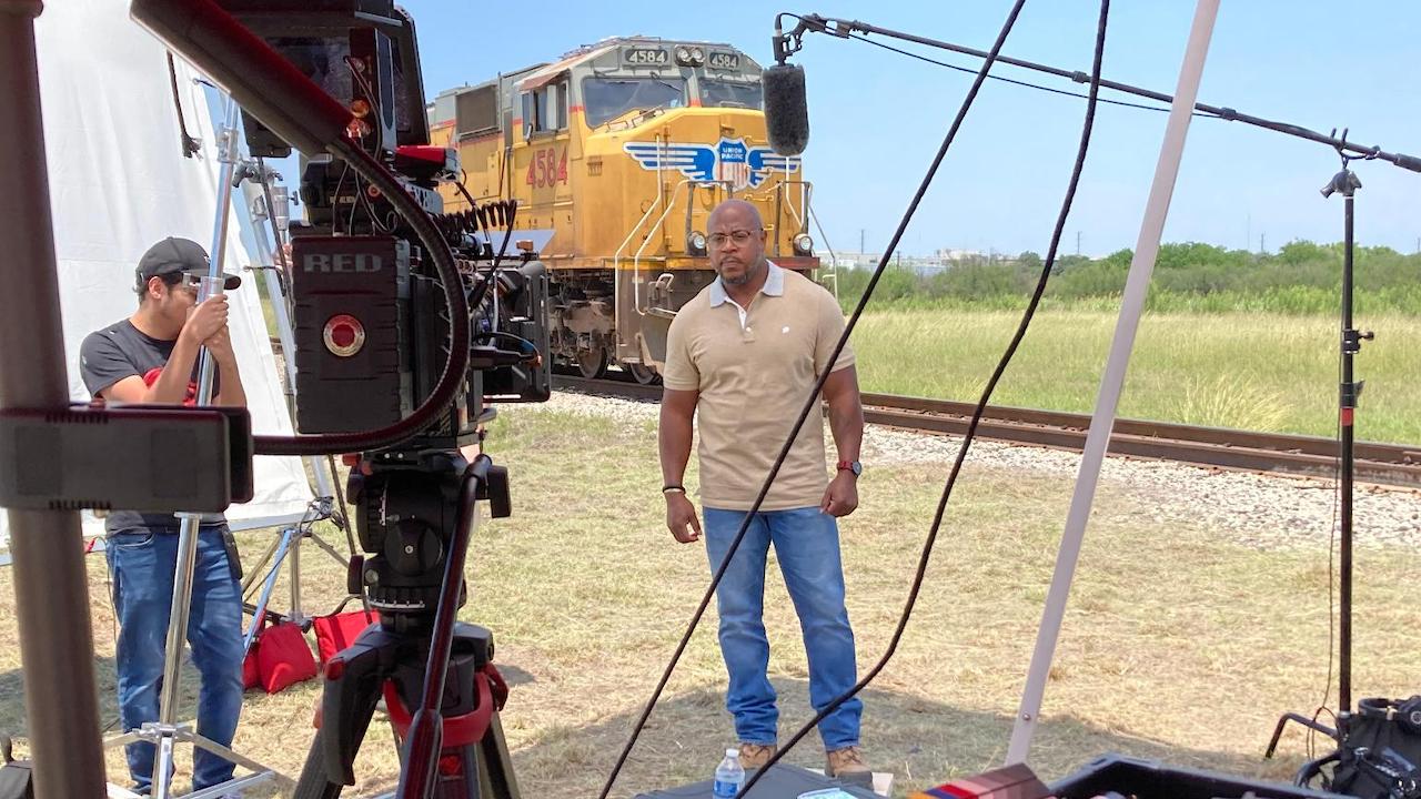 Conductor James Jackson Jr. from UP’s South Texas Service Unit drives home the value of rail safety in a Safe Kids Worldwide public service announcement. (Photo Courtesy of UP)
