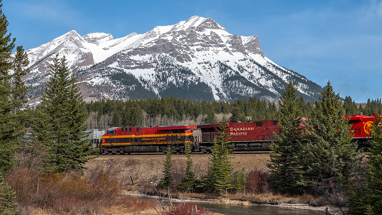 KCS and CP locomotives at the top of the westbound grade at the Continental Divide in Crowsnest Pass, Alberta. Photo by David Duffin