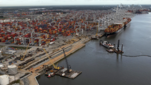 Pictured: Crews work to prepare Berth 1 at Georgia Ports Authority’s Garden City Terminal to serve vessels with a capacity of 16,000-plus TEUs. GPA is building new berth and container yard capacity to accommodate growing demand. (Caption and Photograph Courtesy of GPA)
