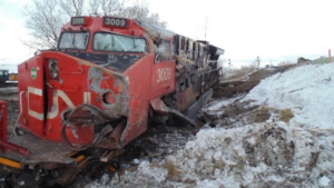 TSB issued two safety recommendations following its investigation of the Jan. 3, 2019 CN train collision and derailment near Portage la Prairie, Manitoba. (Photograph Courtesy of TSB)