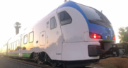 Pictured: Stadler low-floor FLIRT DMU train testing is being conducted along the nine-mile Arrow passenger rail corridor, linking the San Bernardino Transit Center and the University of Redlands in California. (Courtesy of SBCTA)