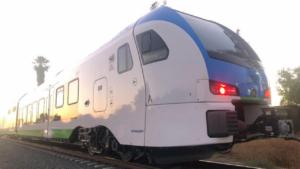 Pictured: Stadler low-floor FLIRT DMU train testing is being conducted along the nine-mile Arrow passenger rail corridor, linking the San Bernardino Transit Center and the University of Redlands in California. (Courtesy of SBCTA)