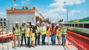 Brightline and contractor Kaufman Lynn on Aug. 16 hosted a “topping off” ceremony for the passenger rail system’s Boca Raton station and parking garage, signifying completion of structural work. (Photograph Courtesy of Brightline)