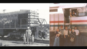 Left Image — From left, Jeff Maxfield’s father, Fred; his grandfather, Wilbur; and his uncle, Danny, in 1954. Right Image — Jeff Maxfield’s grandfather Wilbur Maxfield marks his last trip as a locomotive engineer April 25, 1981. Wilbur waves from the locomotive cab. Family members, from left, Jeff’s aunt, Sherri, holding him; Jeff’s uncles Gary, Tom and Danny; Jeff’s great-grandfather Floyd; and Jeff’s father, Fred. (Caption and Photographs Courtesy of Union Pacific)