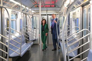 Gov. Hochul, MTA Chief Executive Officer Janno Lieber, and Demetrius Crichlow, Senior Vice President of NYCT Subways tour a 7 train with newly installed high- resolution security cameras at the Corona Maintenance Facility in Queens, Tuesday Sept. 20, 2022. Eventually, all 6,500-plus subway cars in the NYCT system will be outfitted with two high resolution video cameras to ensure safety for straphangers. (Kevin P. Coughlin / Office of Governor Kathy Hochul)