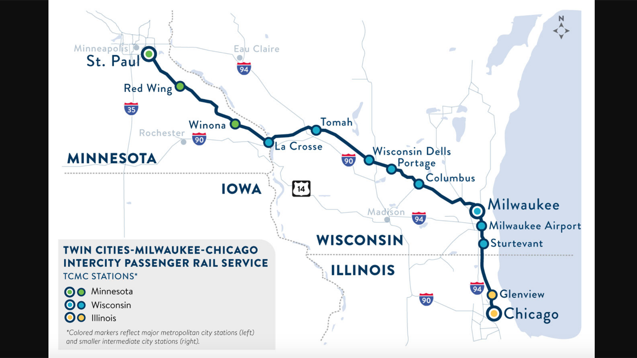 Map of the proposed Twin Cities-Milwaukee-Chicago intercity passenger rail service. This project would add an additional daily round-trip passenger train to the existing Amtrak Empire Builder corridor between the Twin Cities and Chicago. (Caption and Map Courtesy of MnDOT)