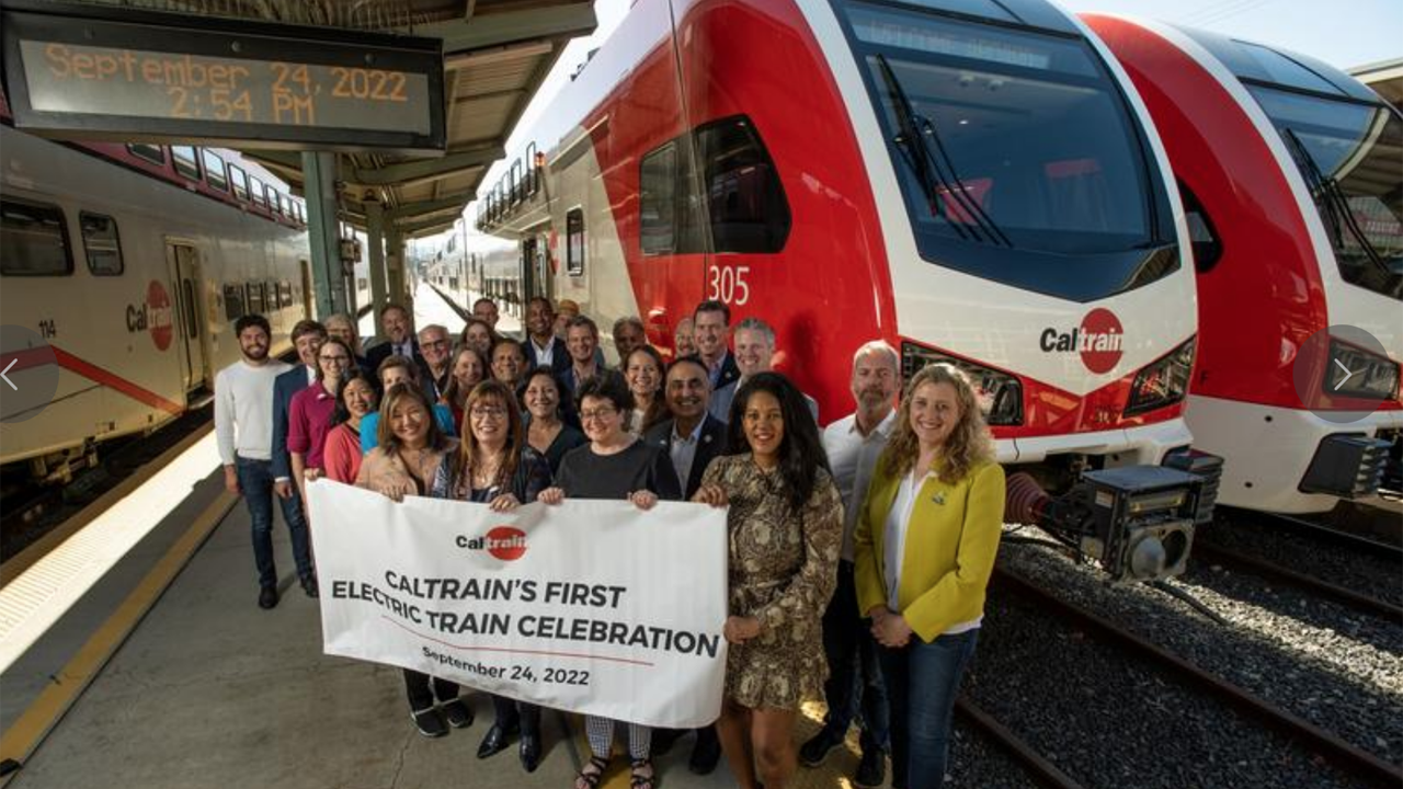 Caltrain representatives were joined by federal, state, regional and local officials and community members on Sept. 24 to celebrate the first public viewing of the Northern California transit agency’s Stadler-built KISS EMUs. (Photograph Courtesy of Caltrain)