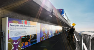 TransLink’s mural installation on a section of the Canada Line Bridge showcases designs from three xʷməθkʷəy̓əm (Musqueam Indian Band) artists. (Photograph Courtesy of TransLink)