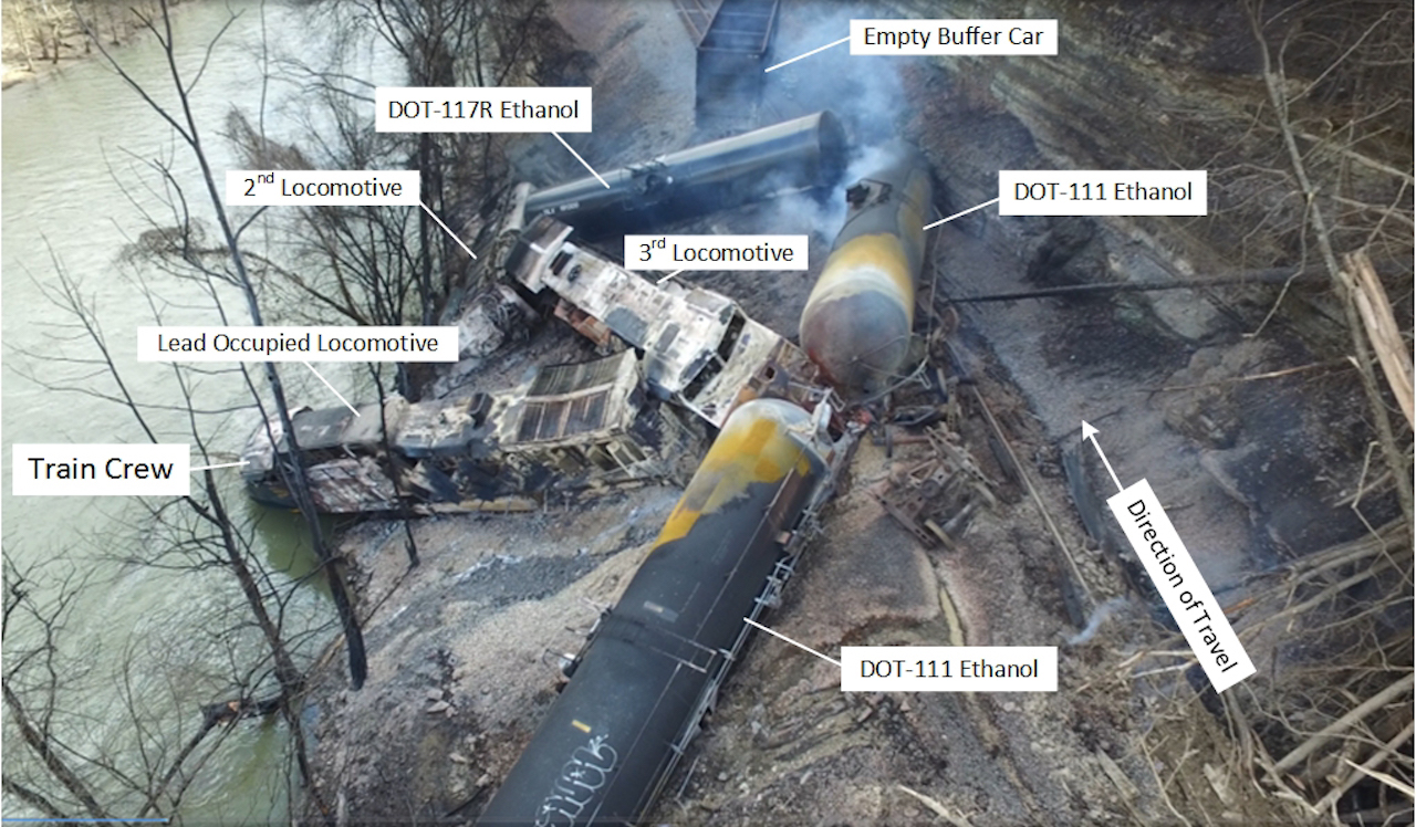 Aerial view of the derailment scene.​​ (Photograph courtesy of Pike County Office of Emergency Management with overlay annotations by NTSB.)
