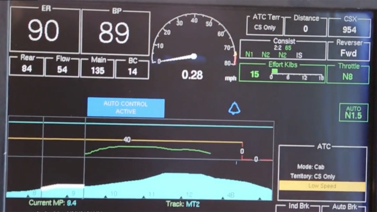 CSX, which implemented Trip Optimizer years ago, said it will be the first railroad to test Zero-to-Zero, a new feature that “allows a train to start from zero miles per hour and stop automatically using intelligent controls. It leverages air-brake control and signal-aspect information, and further expands the opportunity to save fuel and improve operations.” (Image Courtesy of CSX, via CSX Video Announcement)