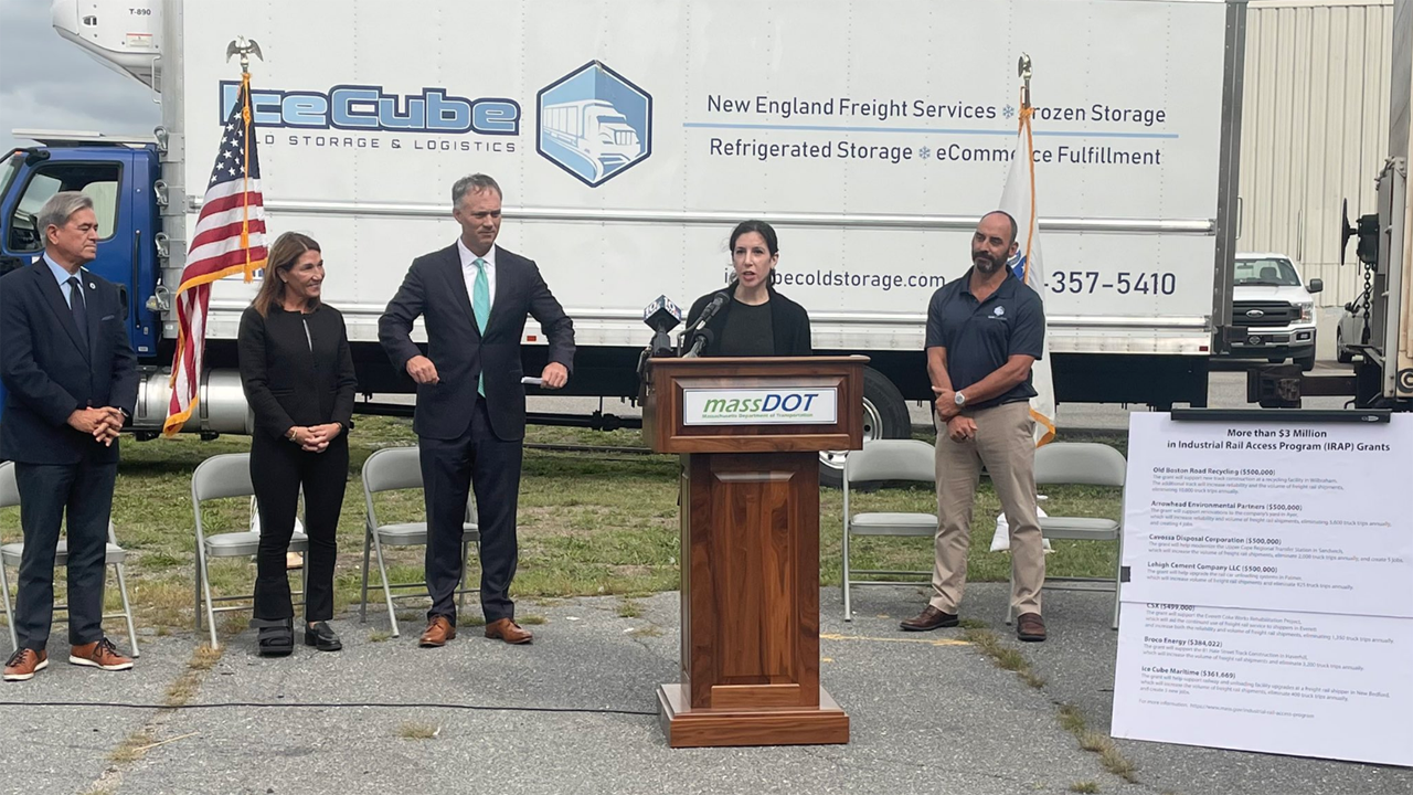 MassDOT on Sept. 8 tweeted: “Rail and Transit Administrator Slesinger joined @MassLtGov Polito [Lieutenant Governor Karyn Polito] in #NewBedford today to announce 3Mil in Industrial Rail Access (IRAP) Grants. These grants will help boost industrial rail freight access, jobs, and expand rail service.” (Photograph Courtesy of MassDOT via Twitter)