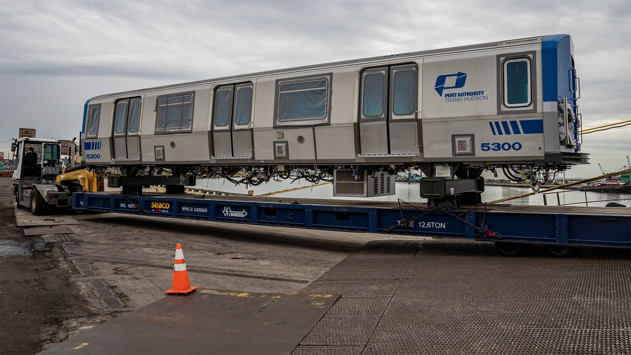 On Sept. 11, the first two of 72 Kawasaki-built rapid transit cars for the Port Authority of New York and New Jersey’s PATH system arrived at Port Newark via a Ro-ro vessel originating in Japan. (Credit: PANYNJ)