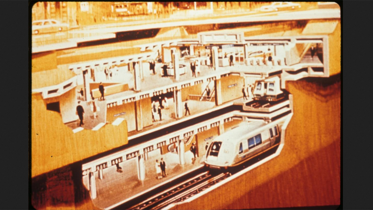 This conceptual drawing from around 1960 shows the combined BART and Muni Metro subway underneath Market Street at Powell. (Photograph and Caption Courtesy of SFMTA)