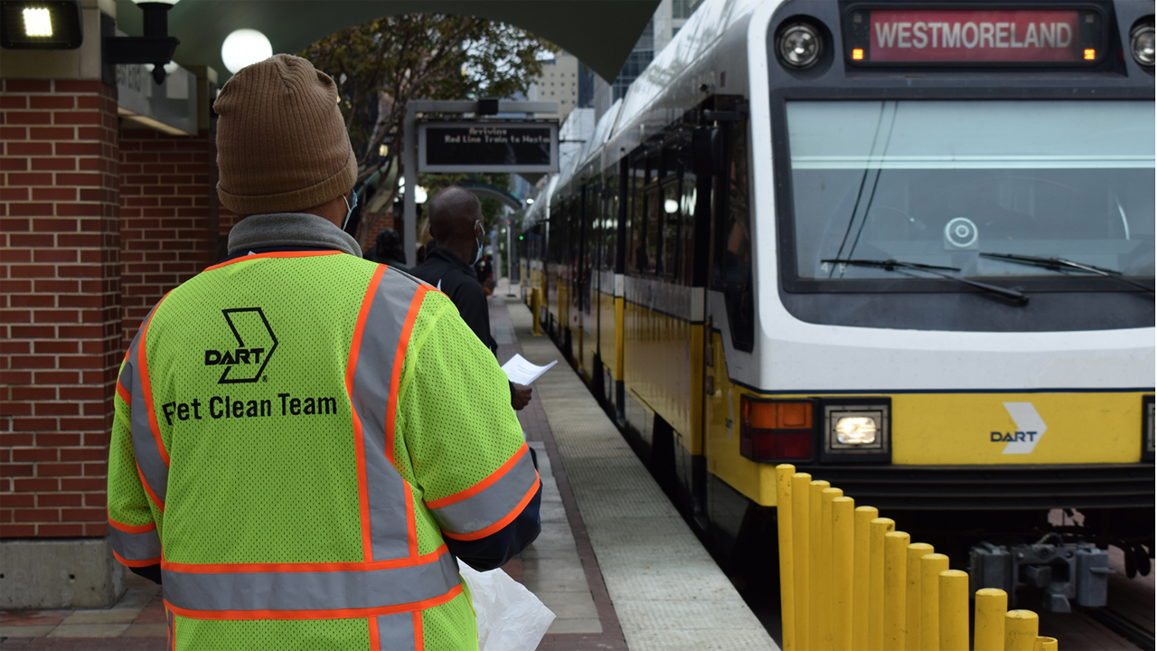 Through the new Clean Team Initiative pilot program, 24 additional contract cleaners will board light rail vehicles across the DART network on all four light rail lines throughout the day. (Photograph Courtesy of DART)