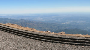 FIGURE 1. Track of the Broadmoor Manitou and Pikes Peak Cog Railway. Reaching 14,115 feet at the summit of Pikes Peak, it is the highest railway in North America and the highest cog railway in the world. (Courtesy of Gary T. Fry.)