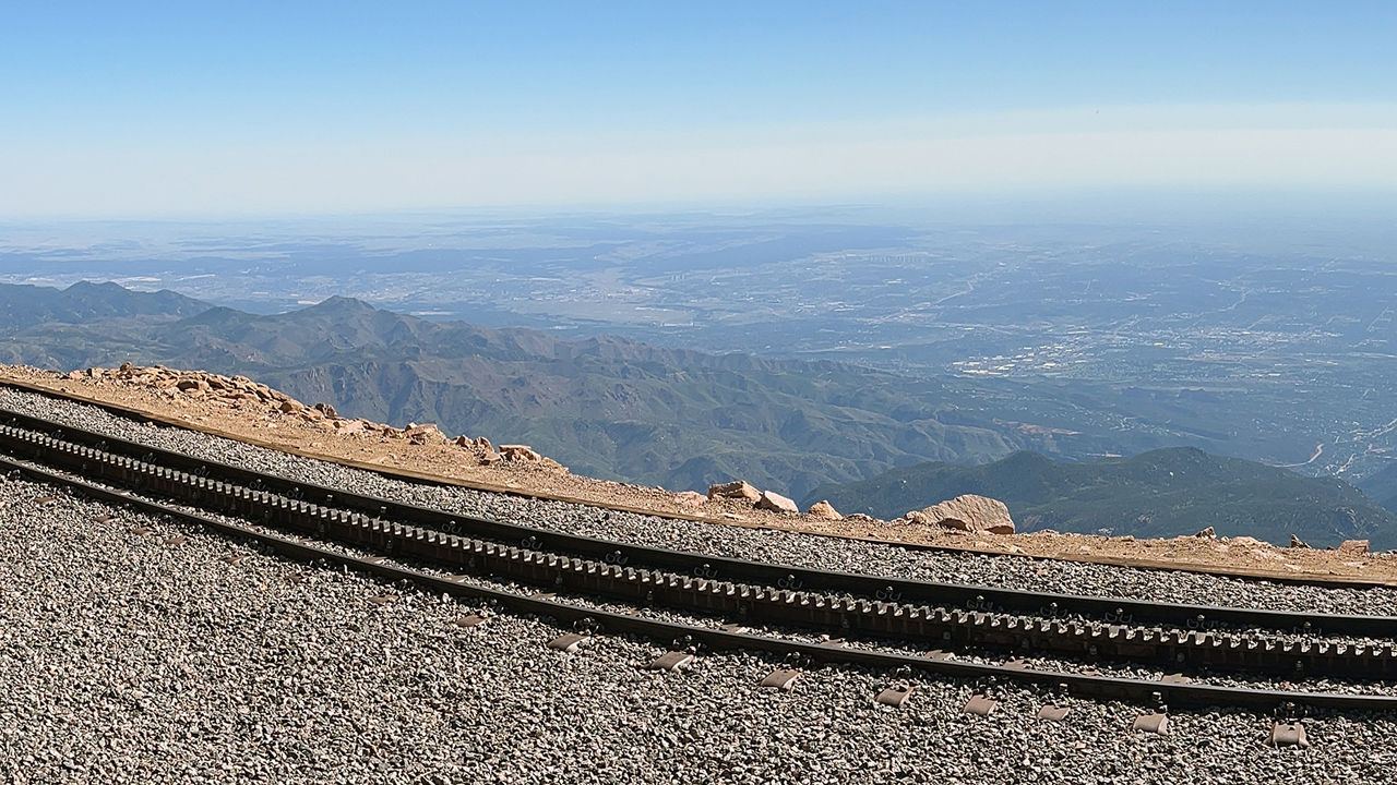 FIGURE 1. Track of the Broadmoor Manitou and Pikes Peak Cog Railway. Reaching 14,115 feet at the summit of Pikes Peak, it is the highest railway in North America and the highest cog railway in the world. (Courtesy of Gary T. Fry.)