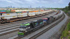 Norfolk Southern GoRail and Veterans Locomotives Pulling Covered Hoppers – Inman Yard; Atlanta, Ga. (Caption and Photograph Courtesy of Norfolk Southern)