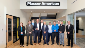 Pictured during the Oct. 31 contract signing were Plasser American President and CEO Thomas Blechinger (fourth from left) and DPR Co-founder, President and CEO Dominick Pagano (center) with company executives. (Plasser American Photograph)