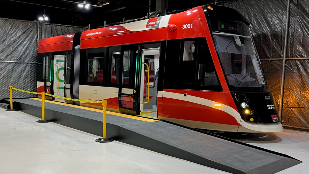 The Green Line Light Rail Transit project’s 11.18-mile (18-kilometer) Phase I will use 28 CAF LRVs to connect southeast Calgary to downtown. Pictured: a recently delivered CAF Urbos 100 model.